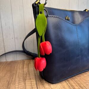 Leather Pretty Pink Tulip Purse Charm Genuine Leather Tulip Flower Bag Charm